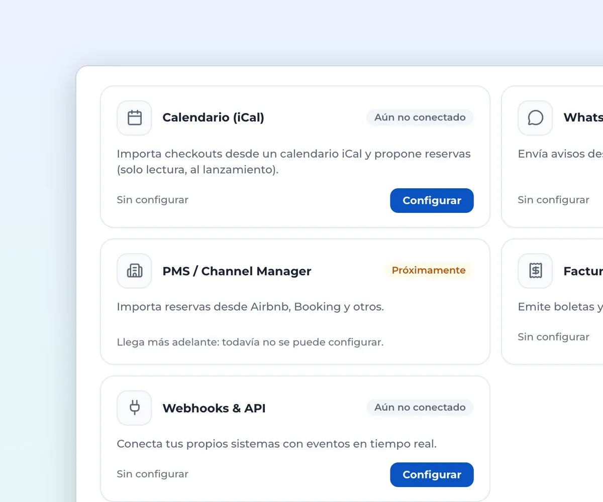 Conectores de Impekble: calendario iCal, mensajería, PMS o channel manager, facturación electrónica y webhooks con API